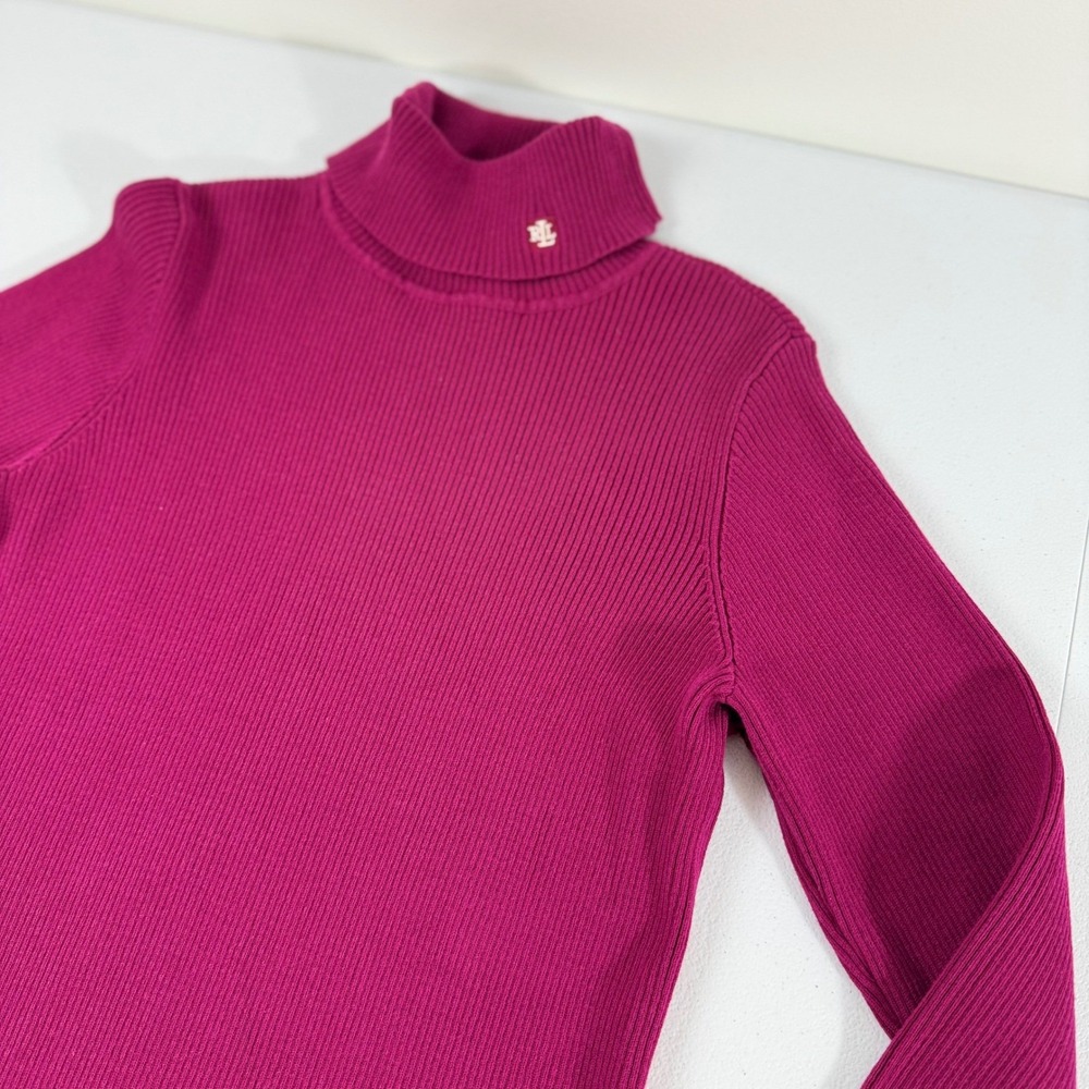 Lauren Ralph Lauren Magenta Pink Ribbed Cotton Turtleneck Sweater Logo Large
